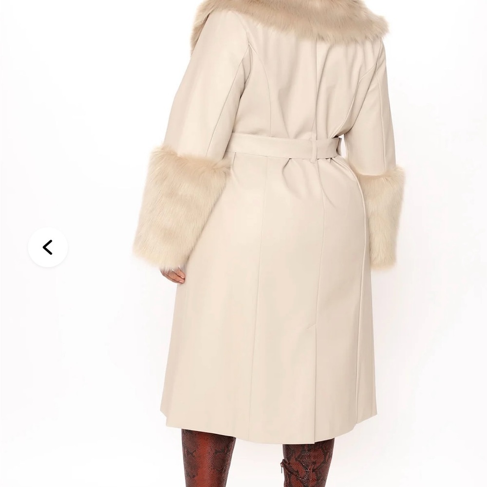 Fashion Nova Cream Faux Leather Trench Coat with Faux Fur - Picture 5 of 11